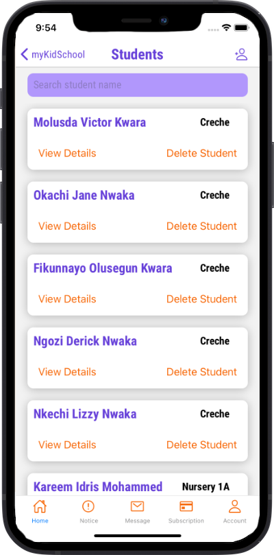 Iphone student list page on mykidschool mobile app